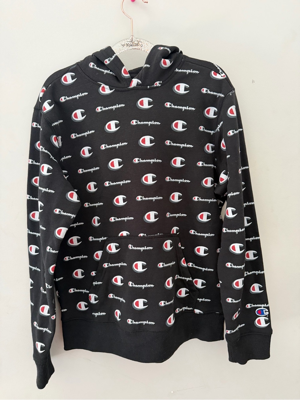 Champion Black Hoodie with Allover White & Red Logos